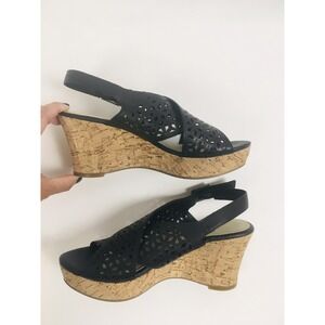 Nicole Shoe, Women's Size 6, Black Leather Party, Wedge, Cork,  Laser Cut